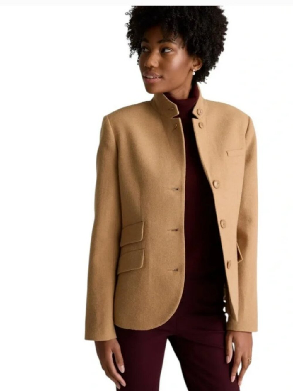 Quince Italian Wool Stand Collar Beige Carmel Blazer Large